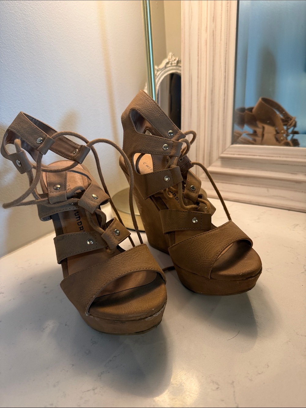 Call It Spring Taupe Lace-Up Wedge Sandals